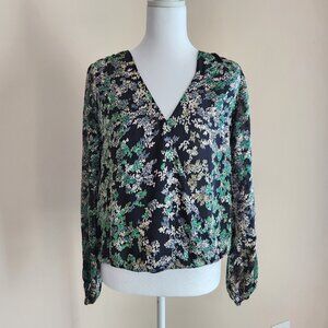 White House Black Market Blouse Black Green Silk Burnout Long Sleeve Blouse XS